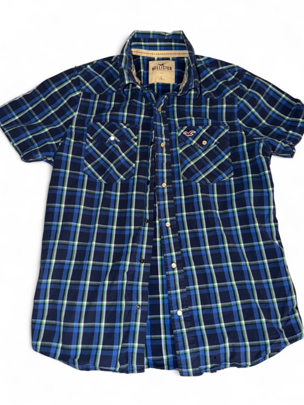 Hollister Men's Blue and Green Plaid Short-Sleeve Button-Down Shirt
